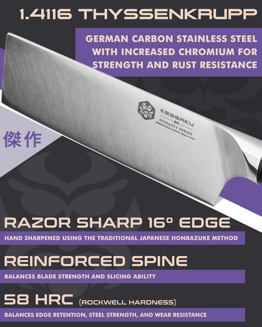 Kessaku Dynasty Produce Knife blade features: 1.4116 German steel, 58 HRC, sharpened to 16 degrees per side, reinforced spine