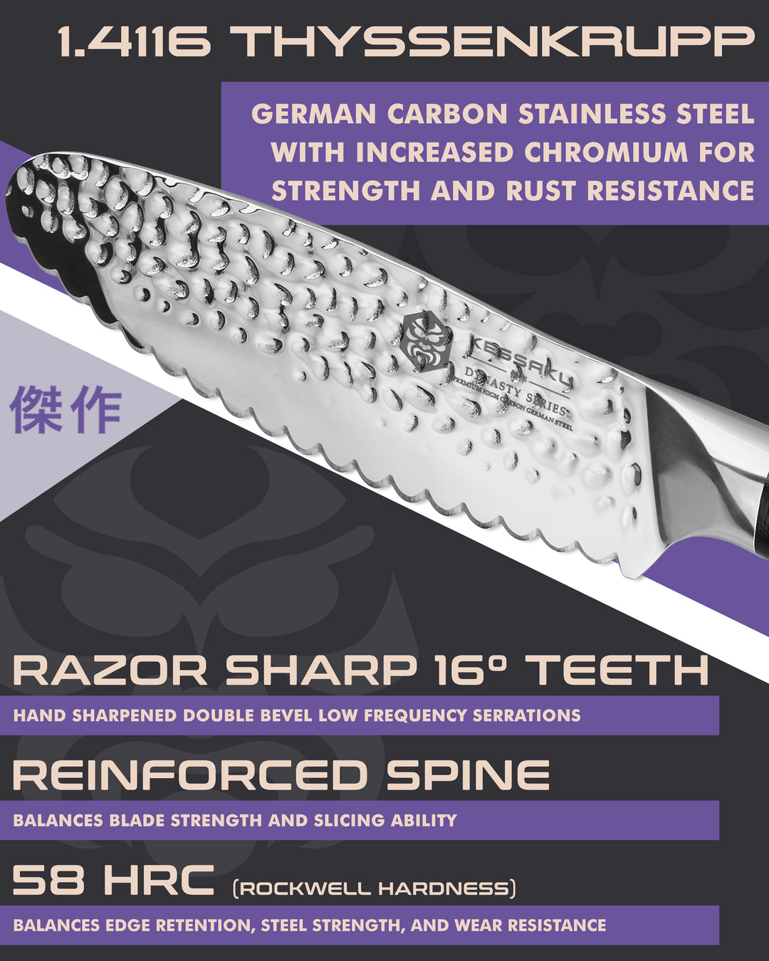 Kessaku Dynasty Sandwich Knife blade features: 1.4116 German steel, 58 HRC, sharpened to 16 degrees per side, reinforced spine