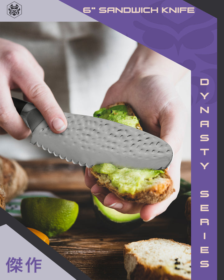 A woman spreads guacamole on a slice of bread with the Kessaku Sandwich Spreader Knife