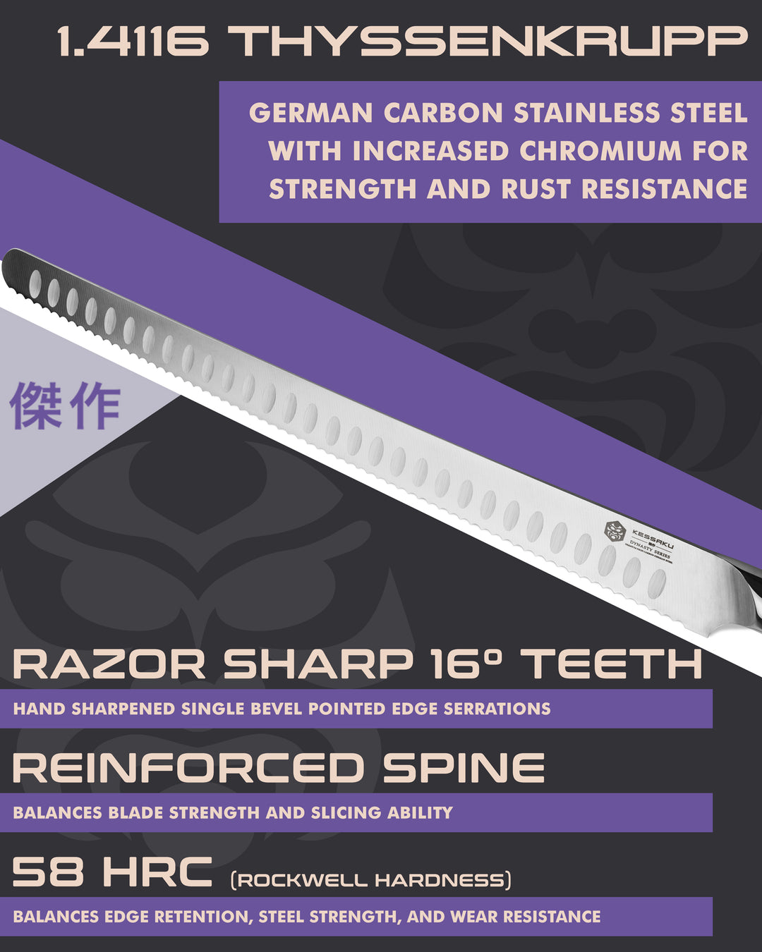 Kessaku Dynasty Serrated Carving Knife blade features: 1.4116 German steel, 58 HRC, sharpened to 16 degrees, reinforced spine