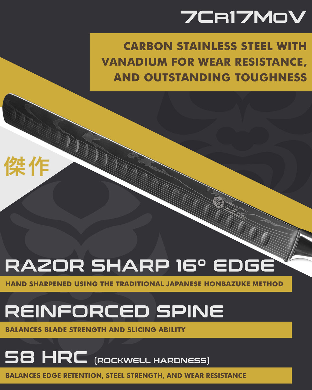 Kessaku Samurai Carving Knife blade features: 7Cr17MoV steel, 58 HRC, 16 degree edge, reinforced spine