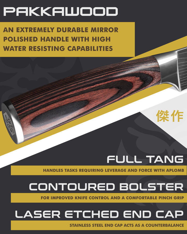 Kessaku Samurai Carving Knife handle features: Pakkawood handle, full tang, contoured bolster, laser etched end cap