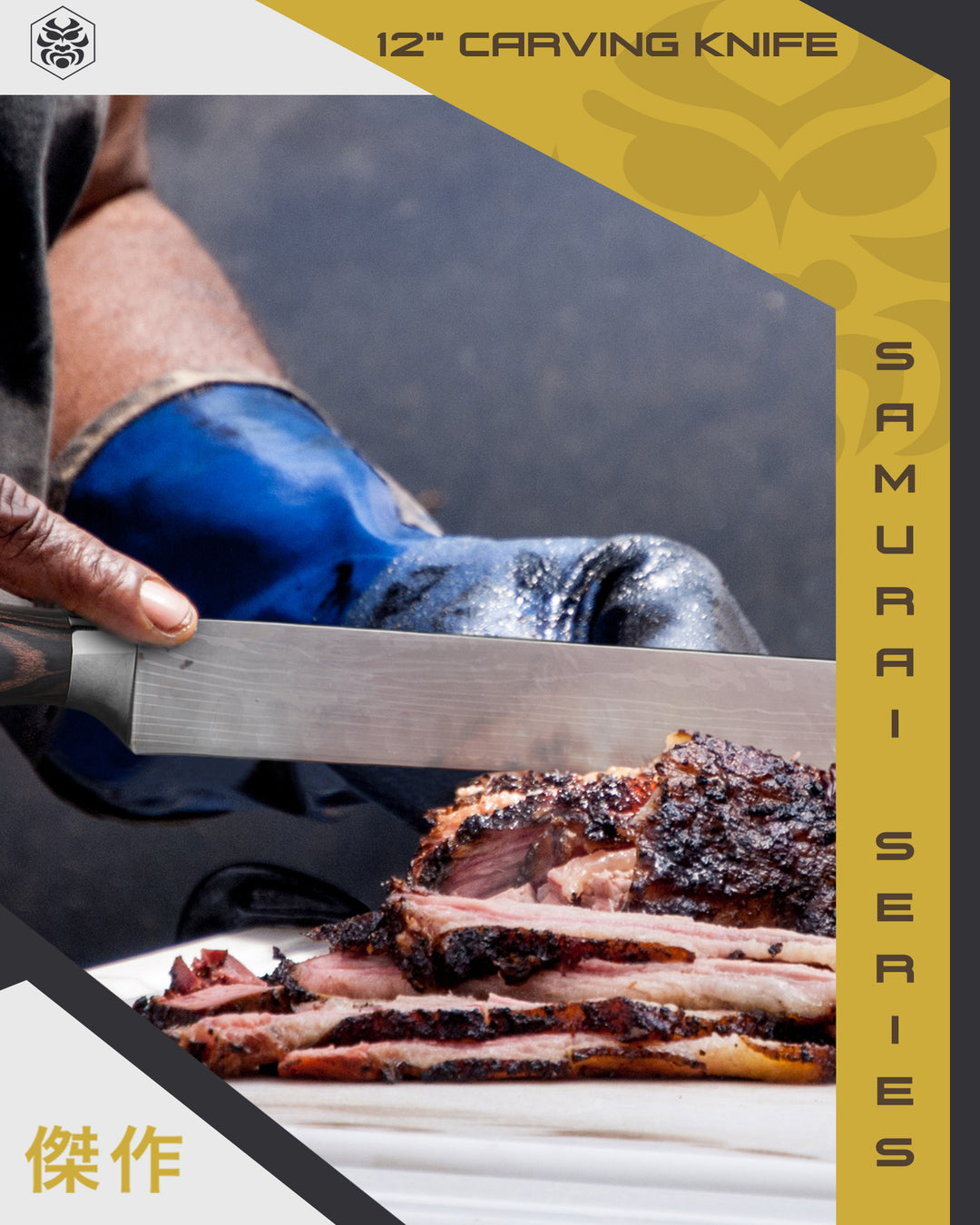 A pitmaster slicing brisket with the Samurai Carving Knife