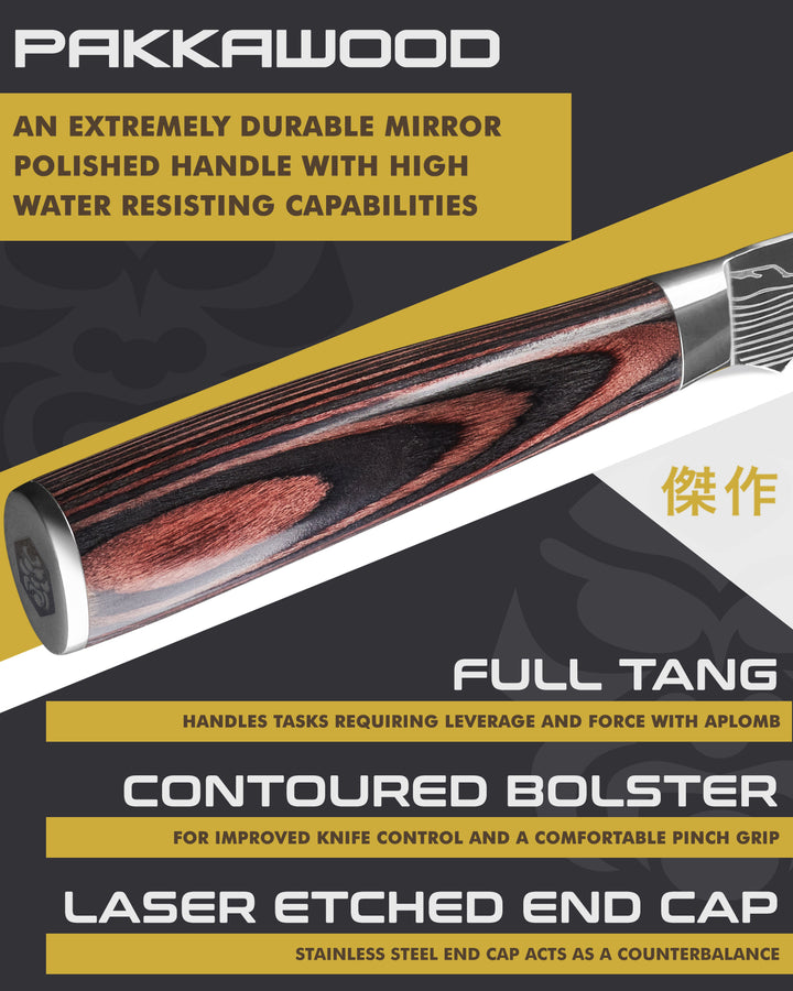 Kessaku Samurai Tourne Knife handle features: Pakkawood handle, full tang, contoured bolster, laser etched end cap