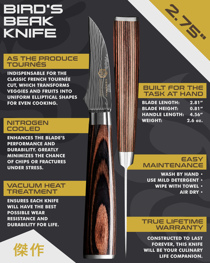 Kessaku Samurai Series Tourne Knife uses, dimensions, maintenance, warranty info, and additional blade treatments