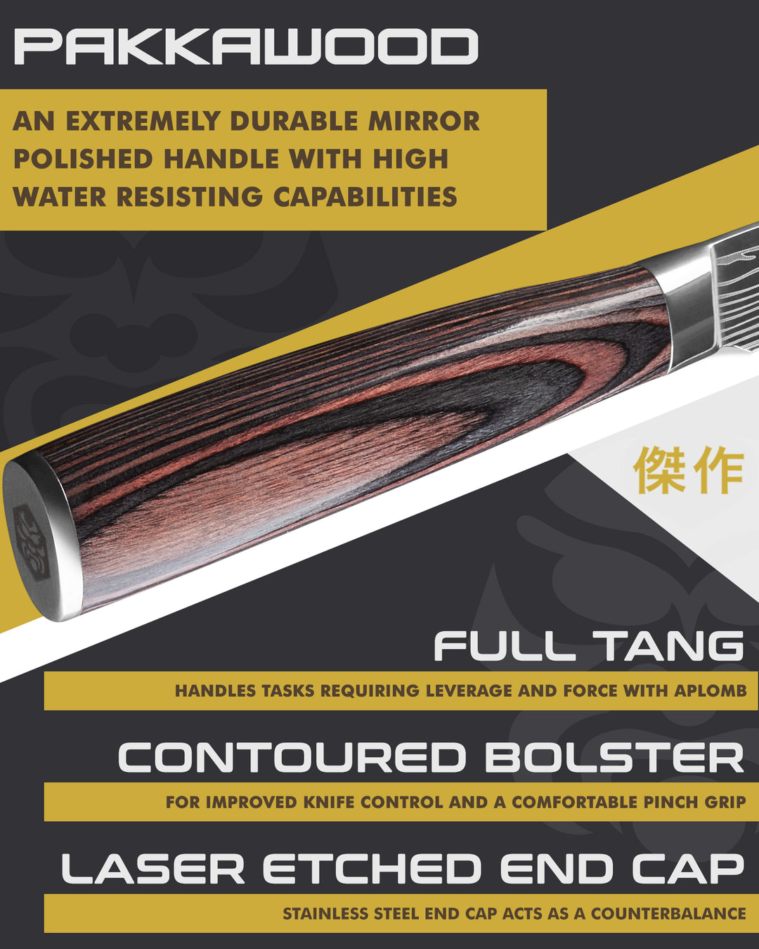 Kessaku Samurai Paring Knife handle features: Pakkawood handle, full tang, contoured bolster, laser etched end cap