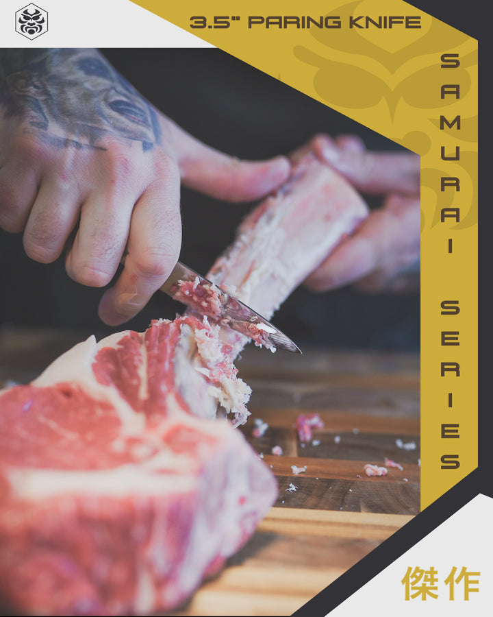A chef strips fat and gristle from a Tomahawk steak with the Samurai Paring Knife