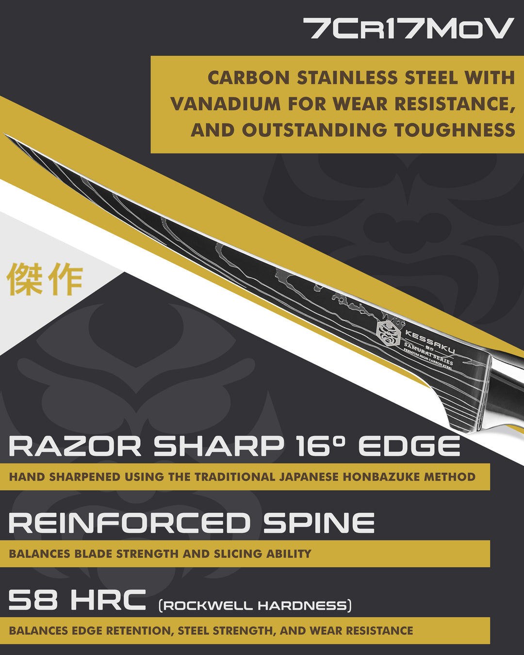 Kessaku Samurai Fillet Knife blade features: 7Cr17MoV steel, 58 HRC, 16 degree edge, reinforced spine