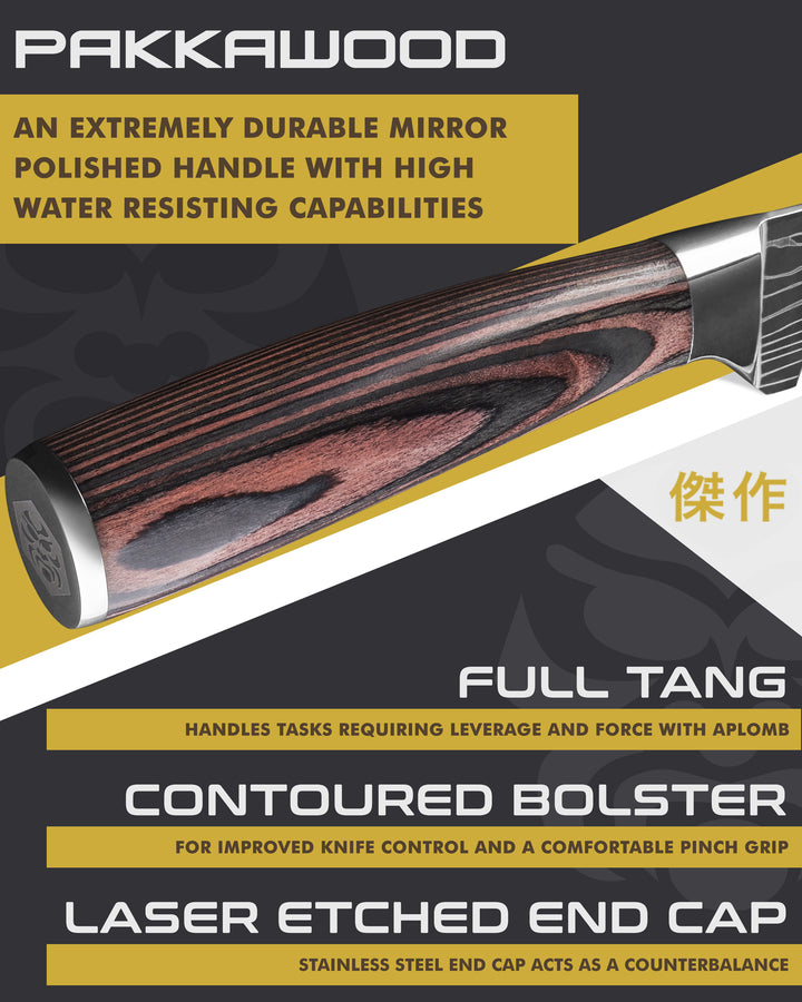 Kessaku Samurai Fillet Knife handle features: Pakkawood handle, full tang, contoured bolster, laser etched end cap