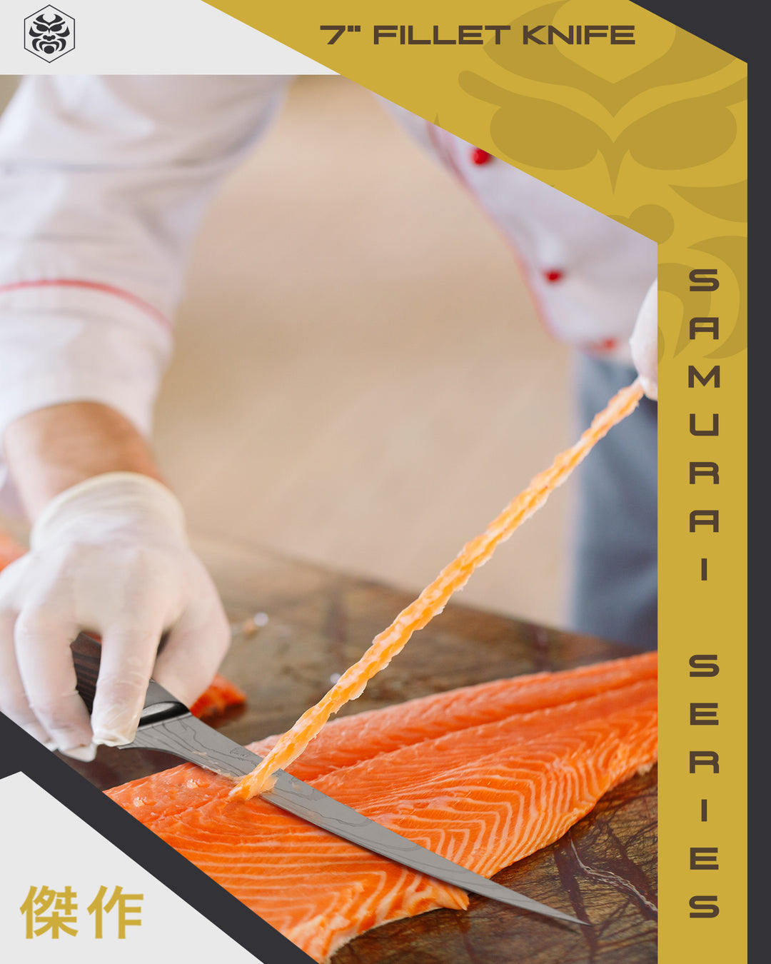 A chef filleting king salmon with the Samurai Fillet Knife