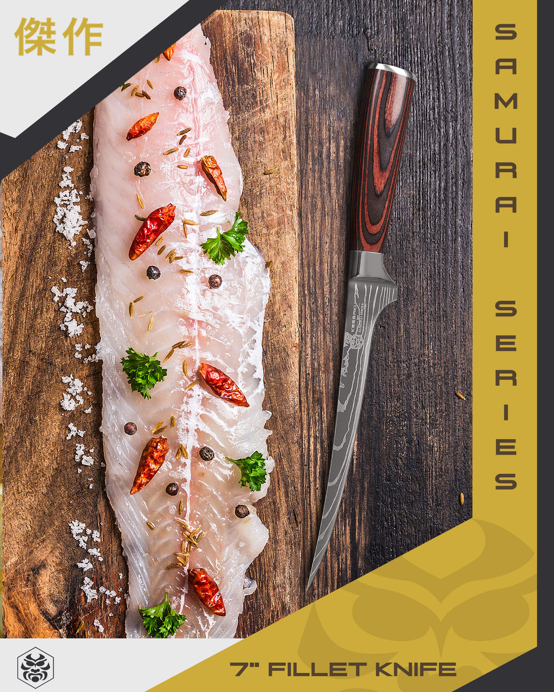 Filleted and seasoned fish and the Samurai Fillet Knife