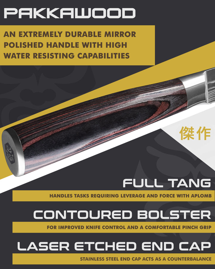 Kessaku Samurai Produce Knife handle features: Pakkawood handle, full tang, contoured bolster, laser etched end cap