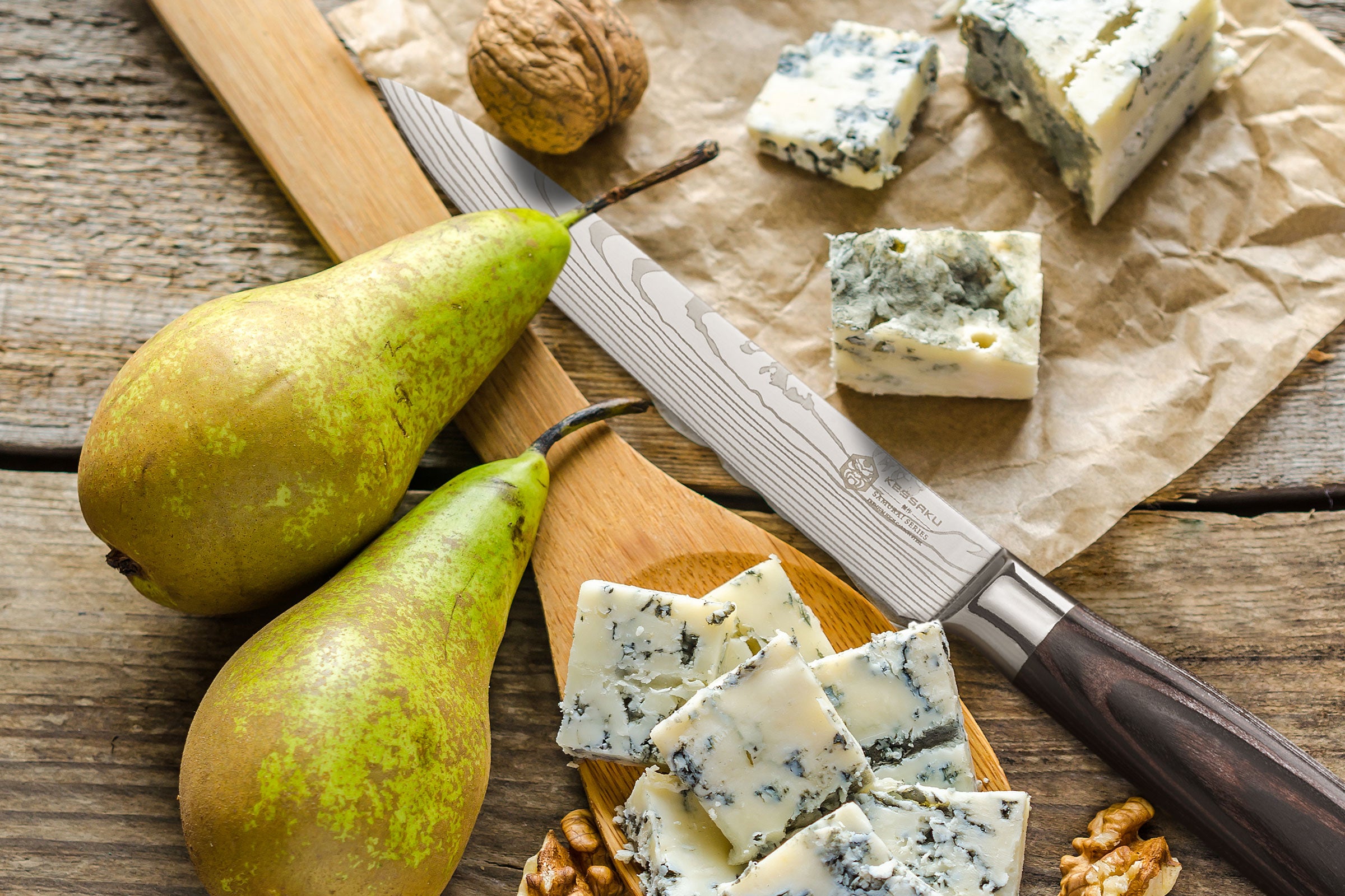 The Samurai Utility Knife after slicing chunks of blue cheese. 