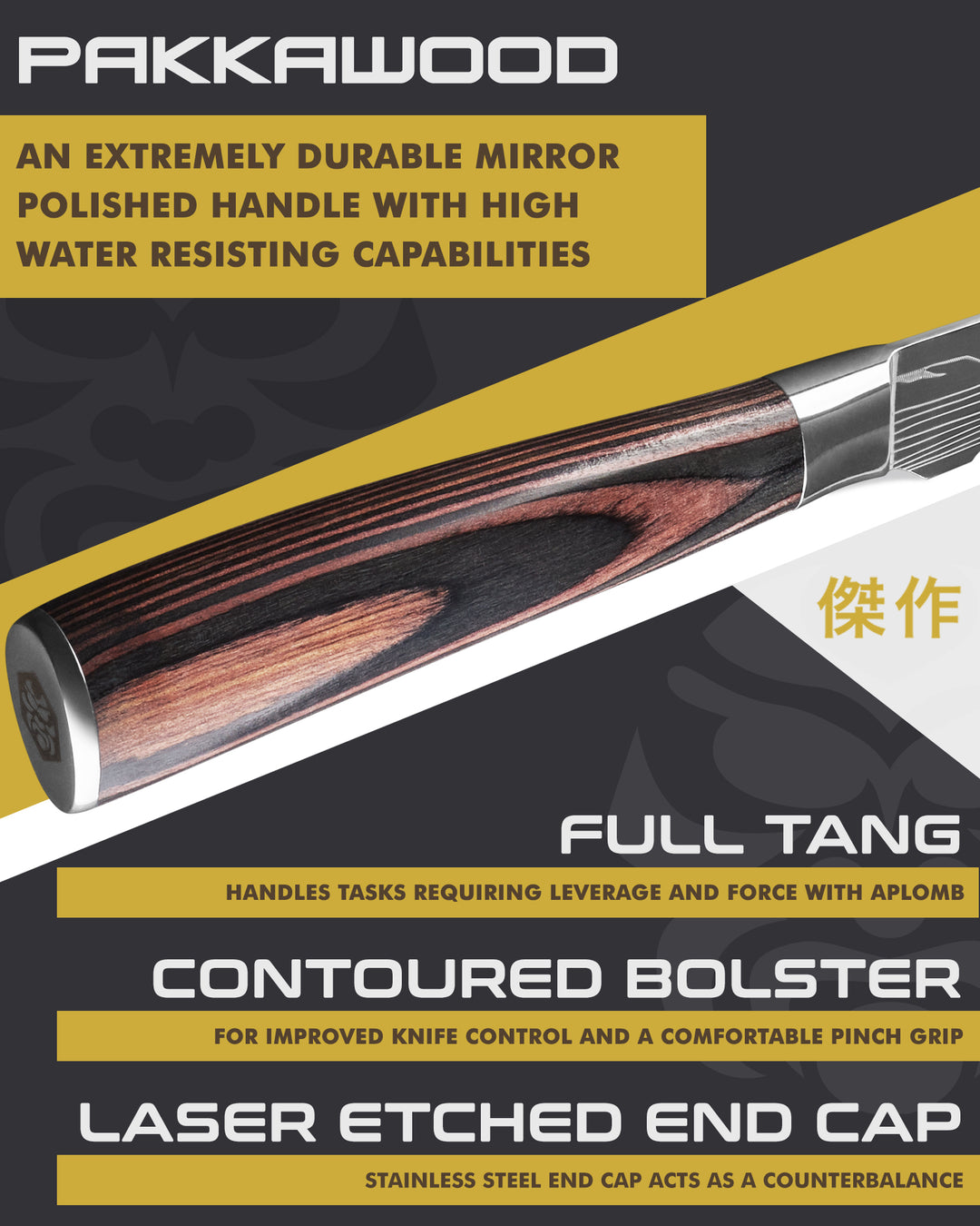 Kessaku Samurai Serrated Utility Knife handle features: Pakkawood handle, full tang, contoured bolster, laser etched end cap