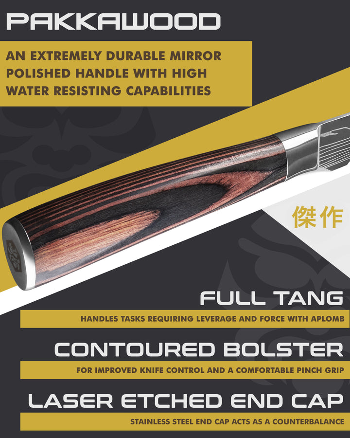 Kessaku Samurai Serrated Utility Knife handle features: Pakkawood handle, full tang, contoured bolster, laser etched end cap