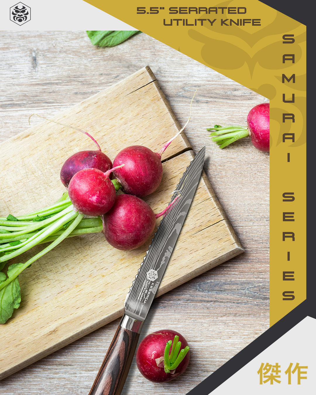 The Samurai Serrated Utility Knife on a cutting board with radishes.