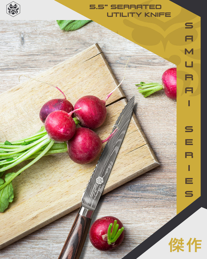The Samurai Serrated Utility Knife on a cutting board with radishes.