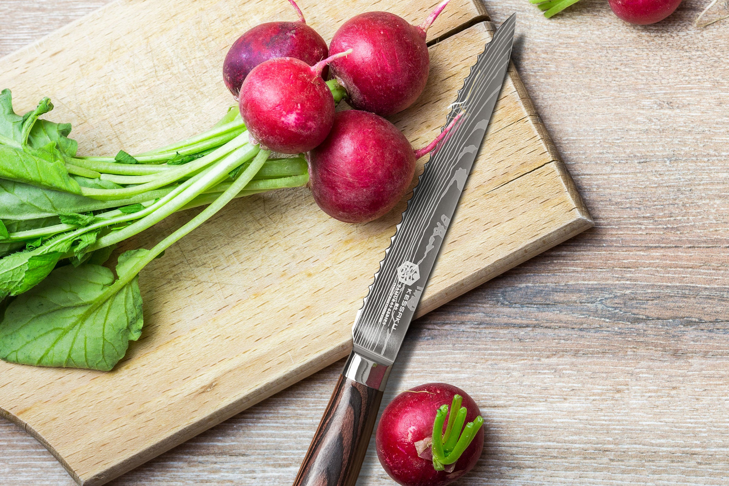 The Samurai Serrated Utility Knife on a cutting board with radishes.
