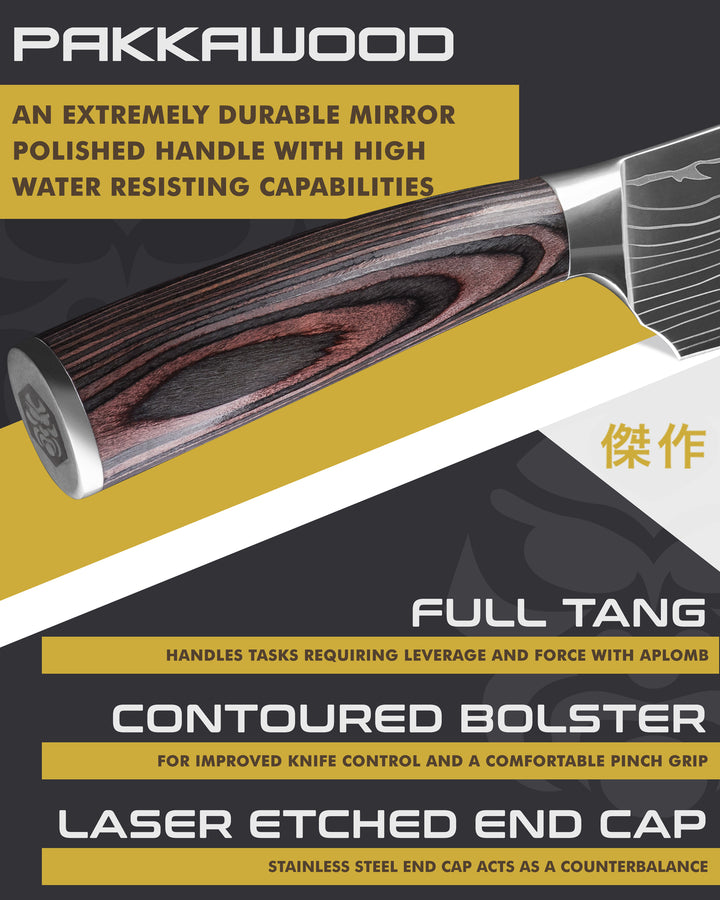 Kessaku Samurai Nakiri Knife handle features: Pakkawood handle, full tang, contoured bolster, laser etched end cap