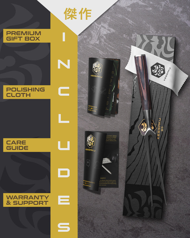 The Kessaku Samurai Carving Fork comes in a premium gift box with a polishing cloth, care guide, and warranty & support booklet