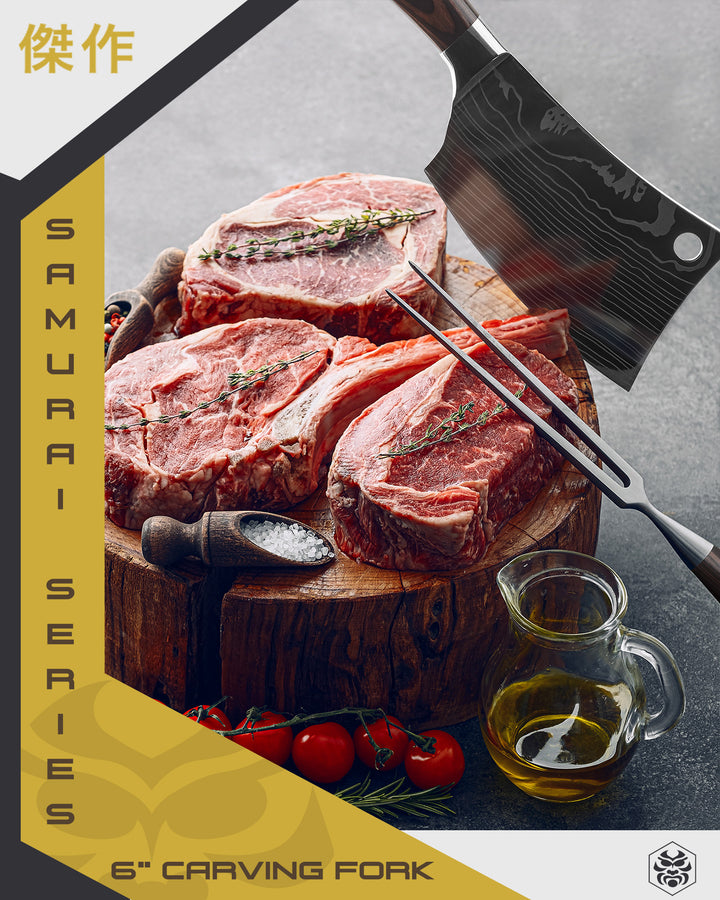 Three cuts of steak lay on a pedestal cutting board with the Samurai Carving Meat Fork and Mini Cleaver