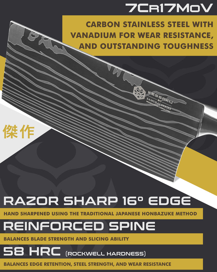 Kessaku Samurai Cleaver Knife blade features: 7Cr17MoV steel, 58 HRC, 16 degree edge, reinforced spine