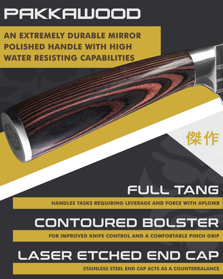 Kessaku Samurai Cleaver Knife handle features: Pakkawood handle, full tang, contoured bolster, laser etched end cap