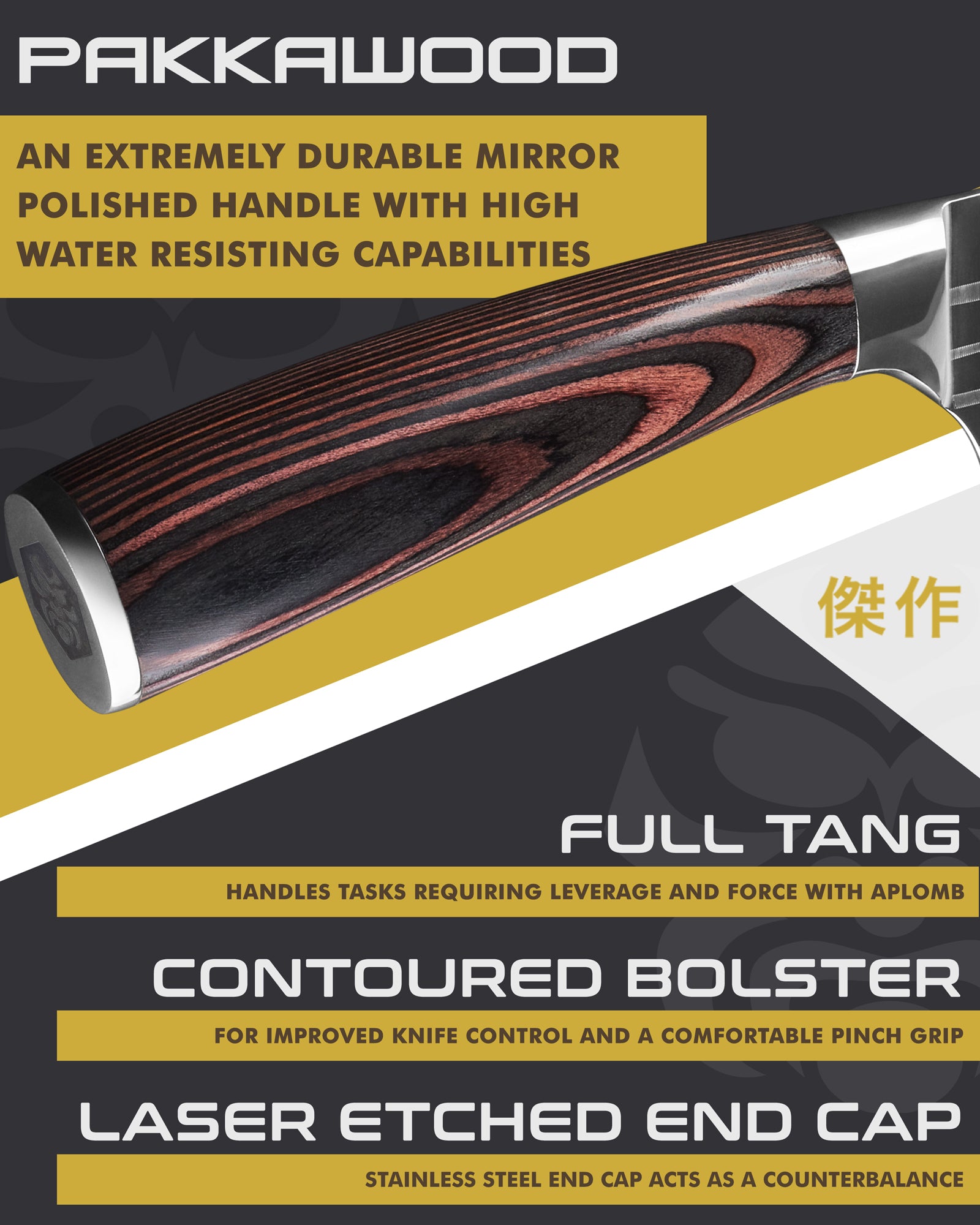 Kessaku Samurai Cleaver Knife handle features: Pakkawood handle, full tang, contoured bolster, laser etched end cap