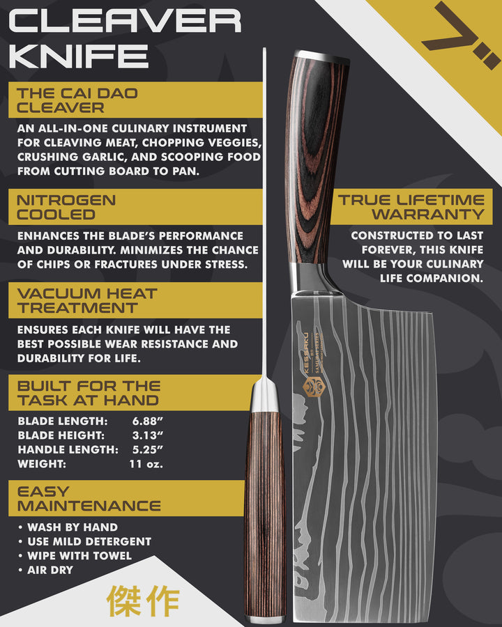 Kessaku Samurai Series Cleaver Knife uses, dimensions, maintenance, warranty info, and additional blade treatments