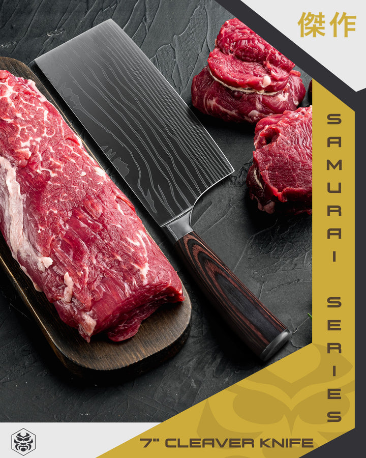 The Samurai Cleaver Knife used to prepare filet mignon steaks