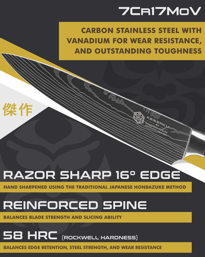 Kessaku Samurai Chef's Knife blade features: 7Cr17MoV steel, 58 HRC, 16 degree edge, reinforced spine