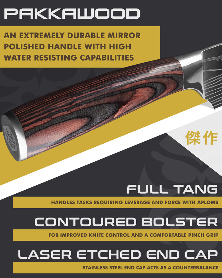 Kessaku Samurai Chef's Knife handle features: Pakkawood handle, full tang, contoured bolster, laser etched end cap