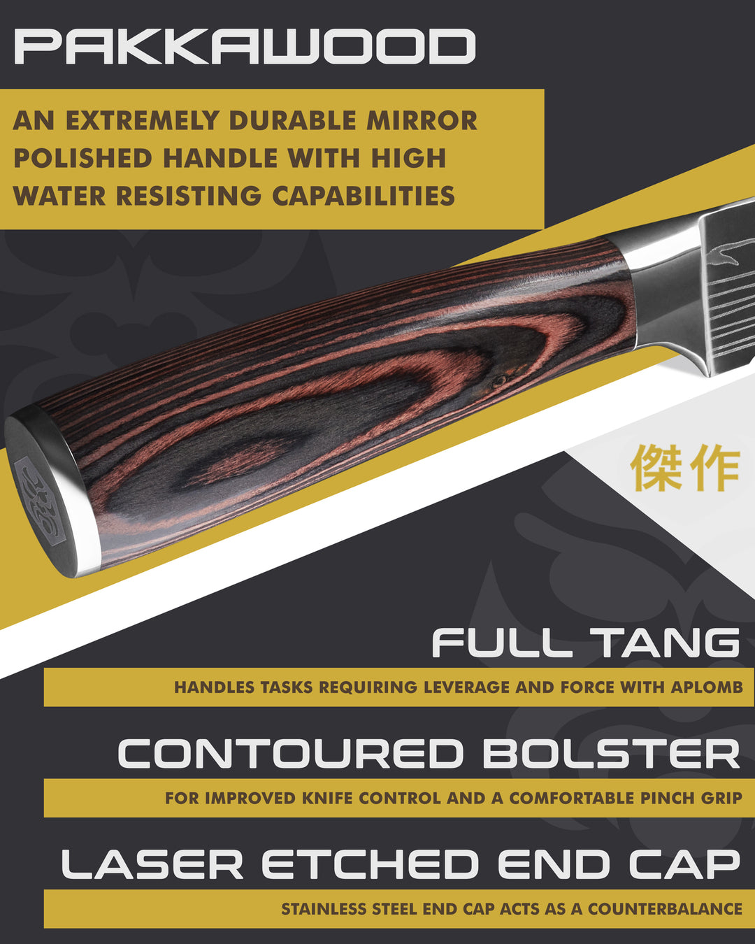 Kessaku Samurai Bread Knife handle features: Pakkawood handle, full tang, contoured bolster, laser etched end cap