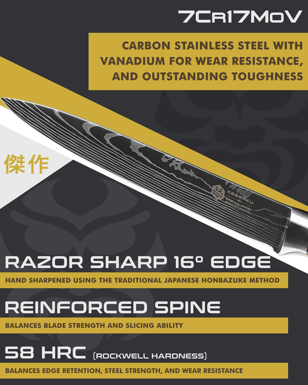 Kessaku Samurai Carving Knife features 7Cr17MoV steel, 58 HRC, 16 degree edge, reinforced spine