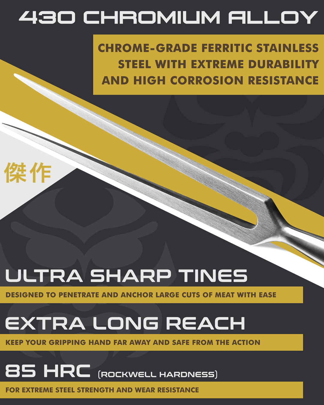 Kessaku Samurai Carving Fork features 430 Chromium Alloy steel, 85 HRC, ultra-sharp tines