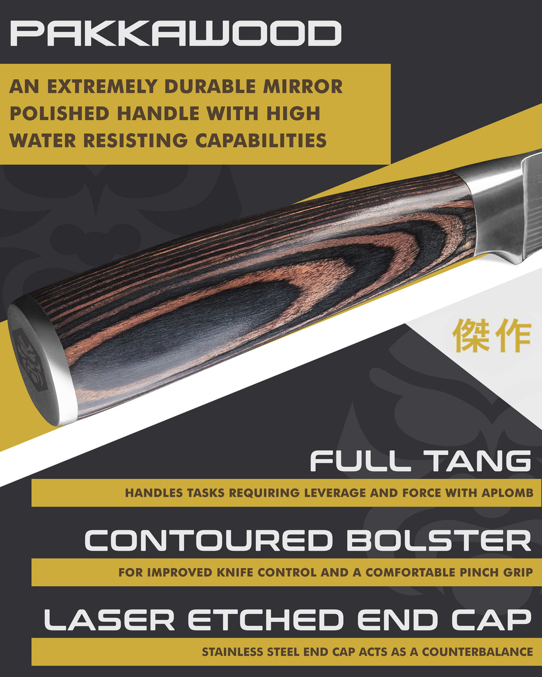 Kessaku Samurai Carving Set handle features: Pakkawood handle, full tang, contoured bolster, laser etched end cap