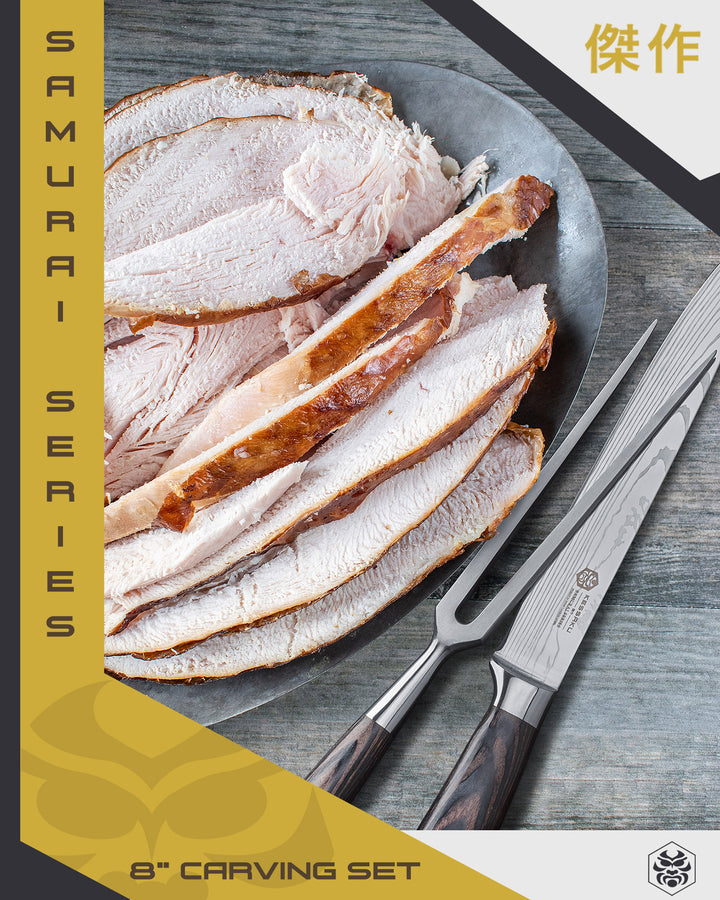 The Samurai Carving Set and thick slices of carved turkey