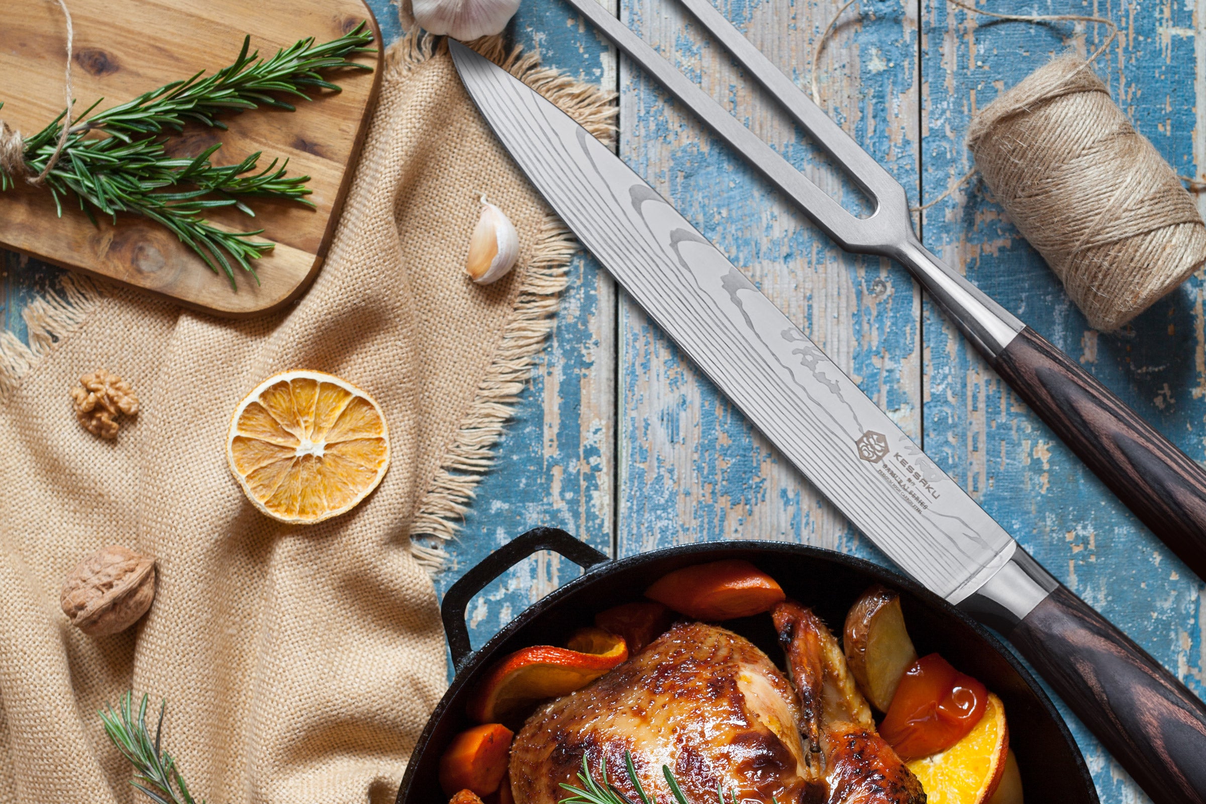 The Samurai Carving Set next to a freshly roasted chicken