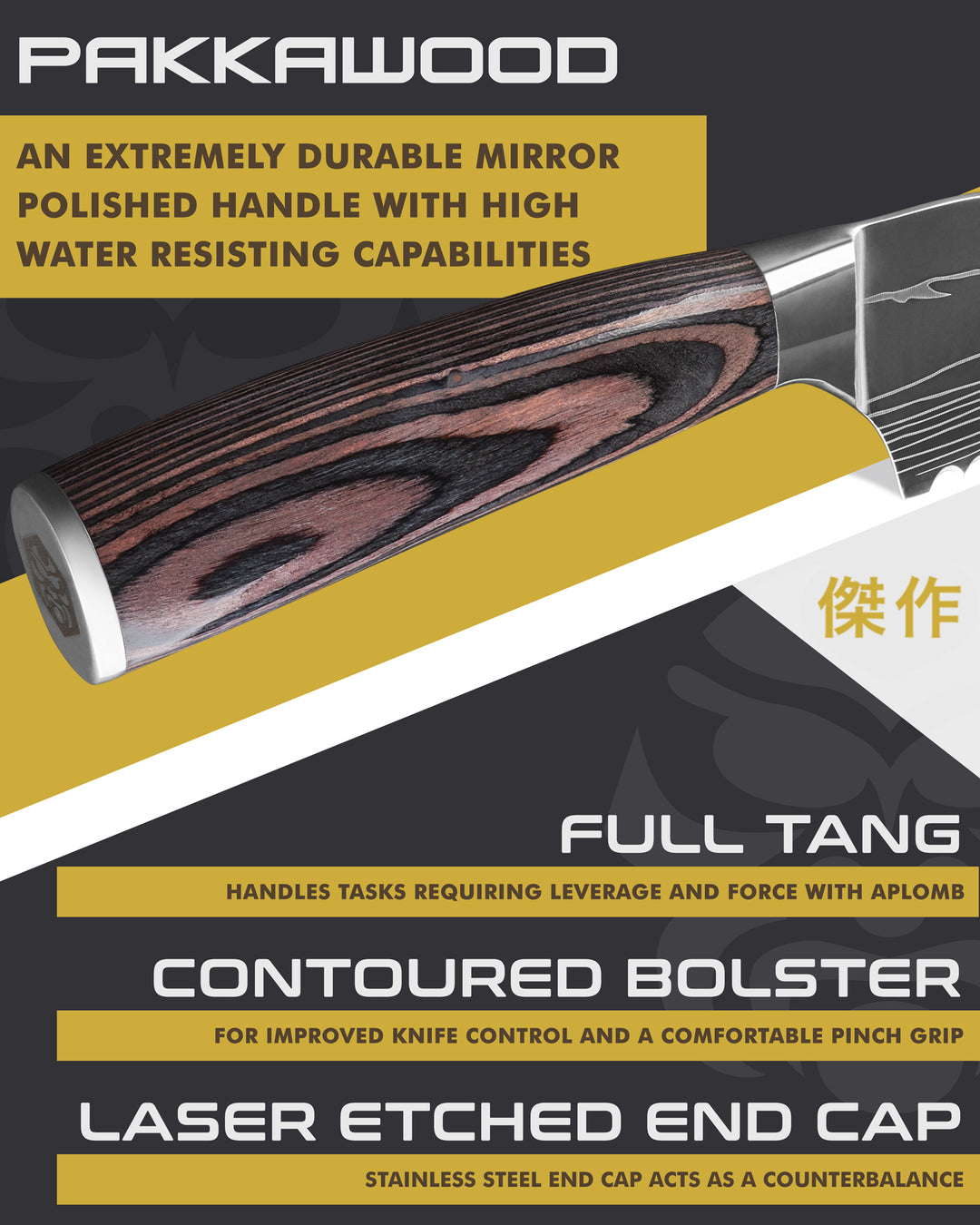 Kessaku Samurai Offset Bread Knife handle features: Pakkawood handle, full tang, contoured bolster, laser etched end cap