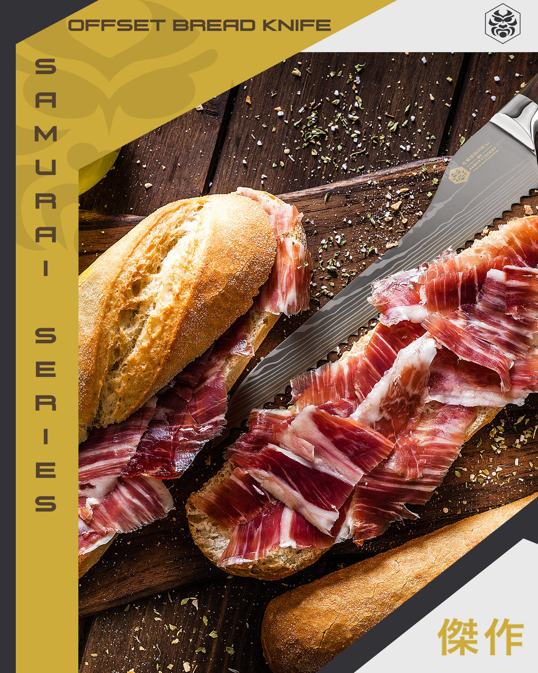 A submarine sandwich full of cured meat made with the Samurai Offset Bread & Deli Knife