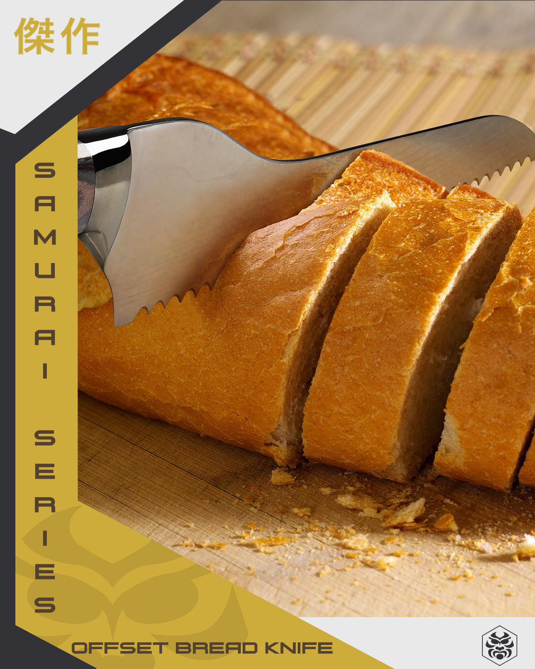 The Samurai Offset Deli Knife slicing through a baguette