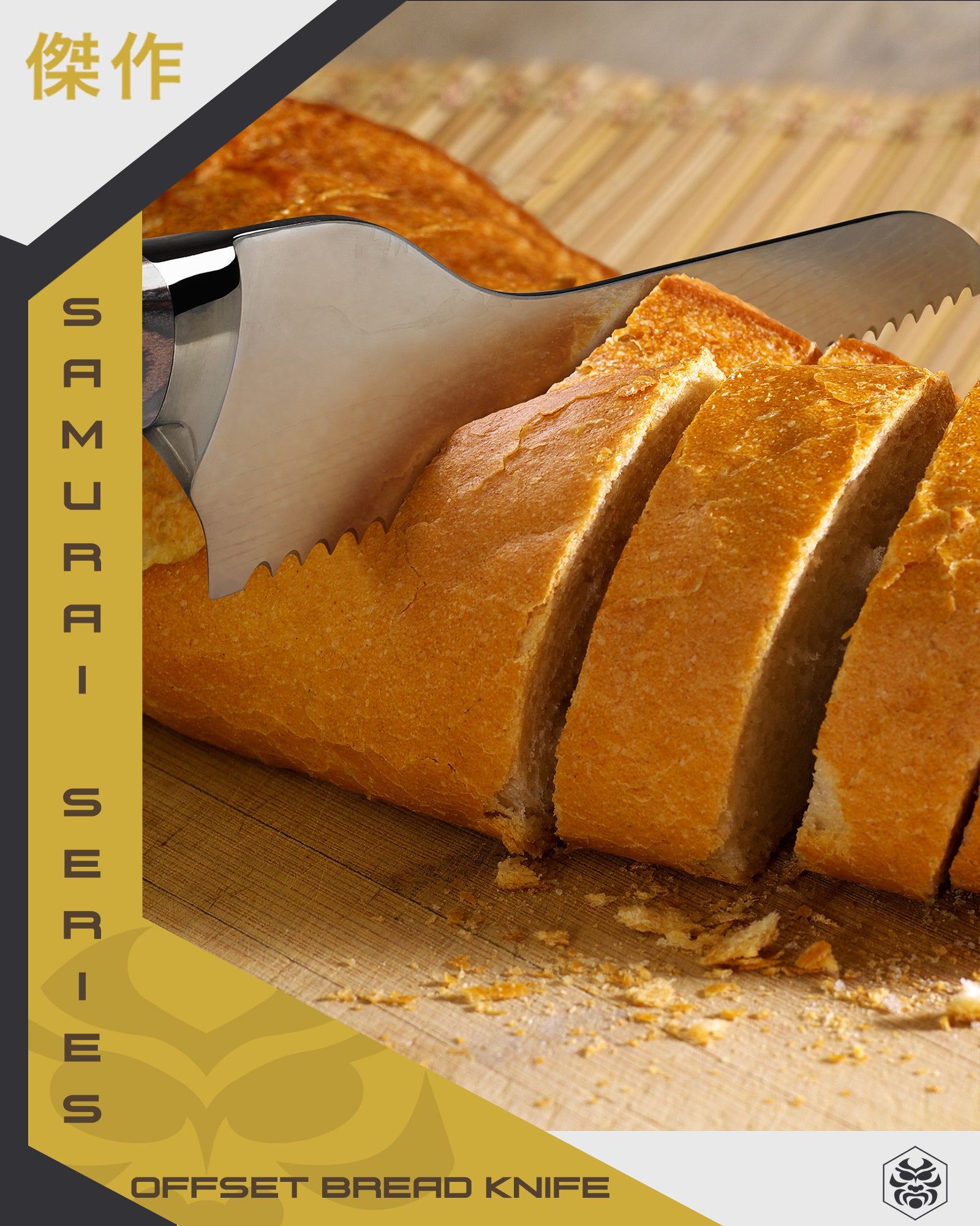 The Samurai Offset Deli Knife slicing through a baguette