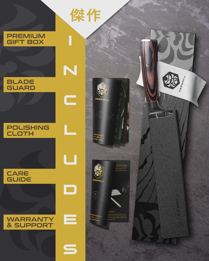 The Kessaku Samurai Offset Bread Knife comes in a premium gift box with a blade guard, polishing cloth, care guide, and warranty & support booklet