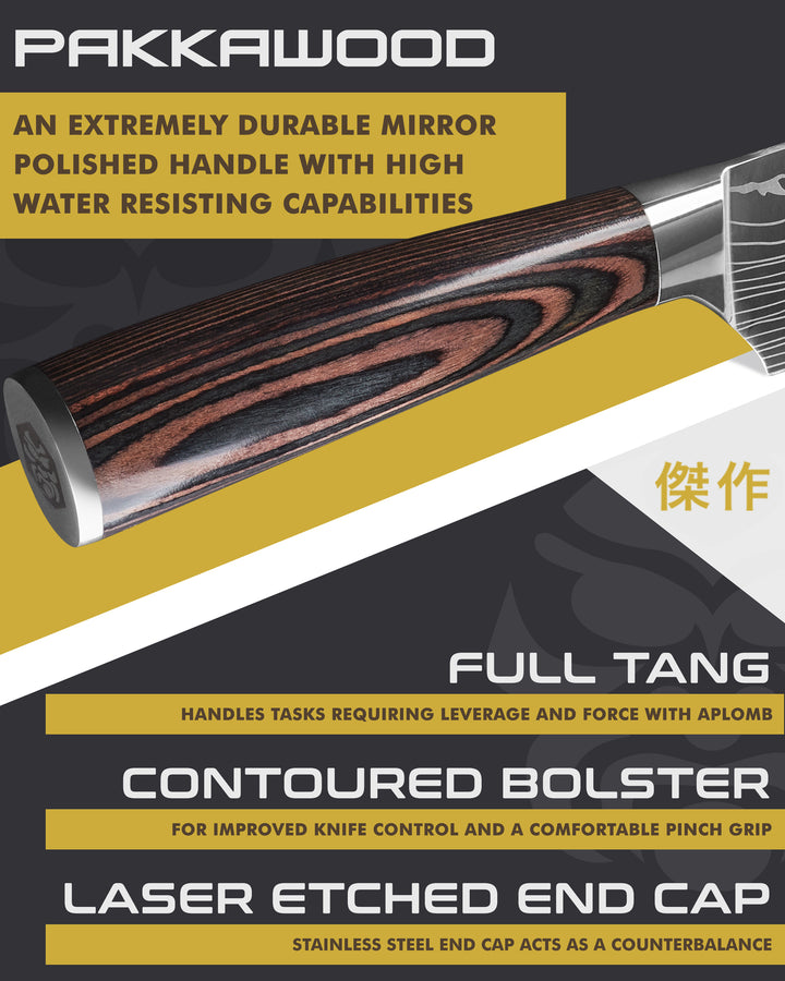 Kessaku Samurai Mini Santoku Knife handle features: Pakkawood handle, full tang, contoured bolster, laser etched end cap