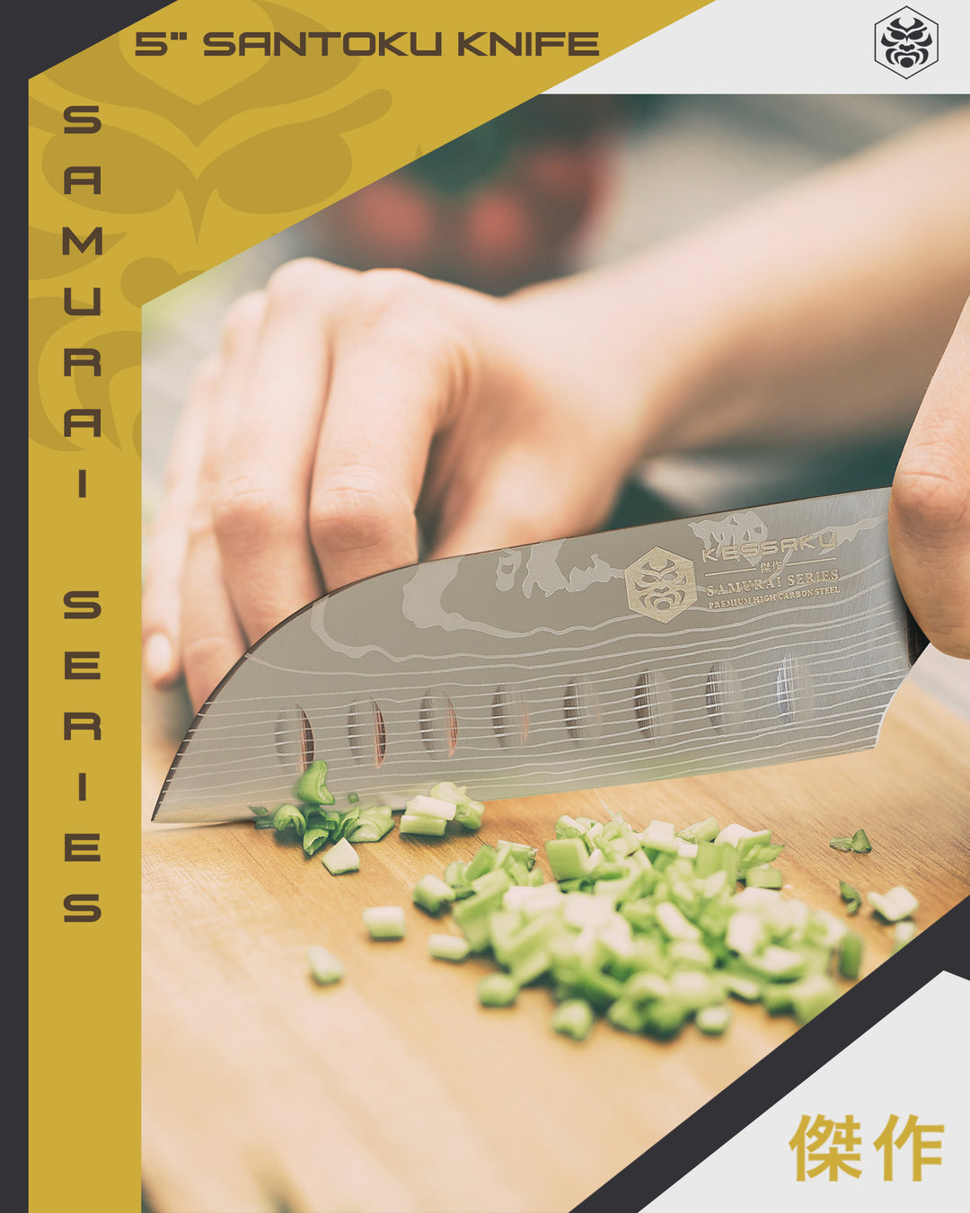 A woman minces green onion with the Samurai Mini Santoku