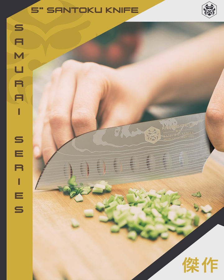 A woman minces green onion with the Samurai Mini Santoku