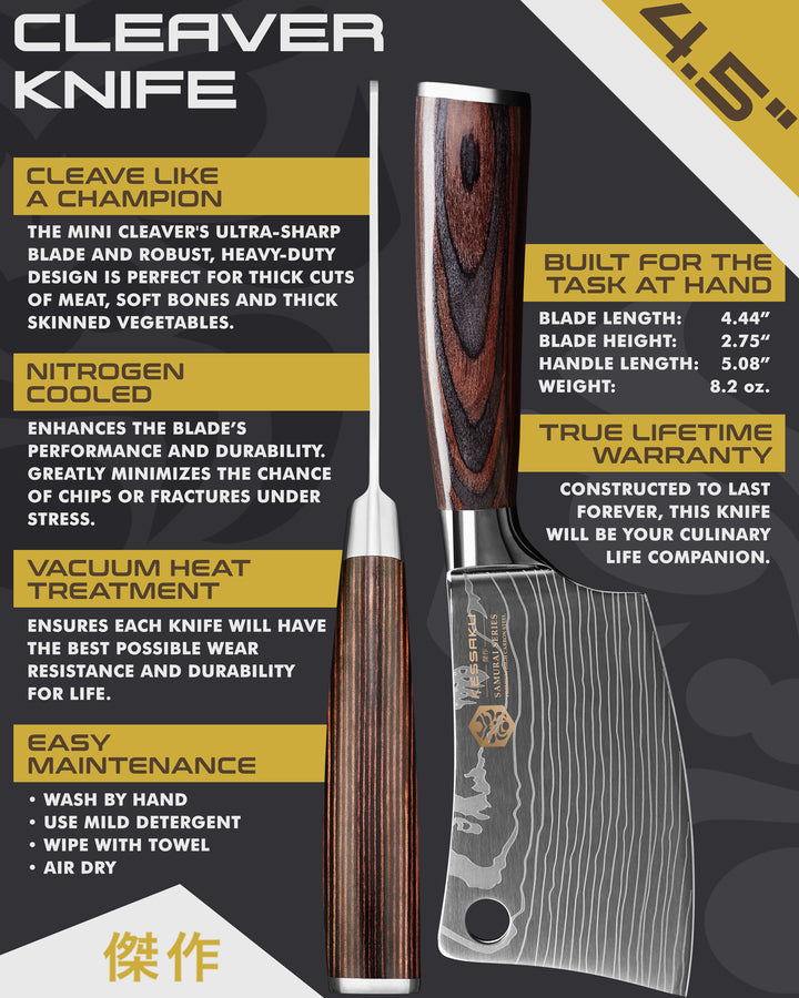 Kessaku Samurai Series Mini Cleaver uses, dimensions, maintenance, warranty info, and additional blade treatments