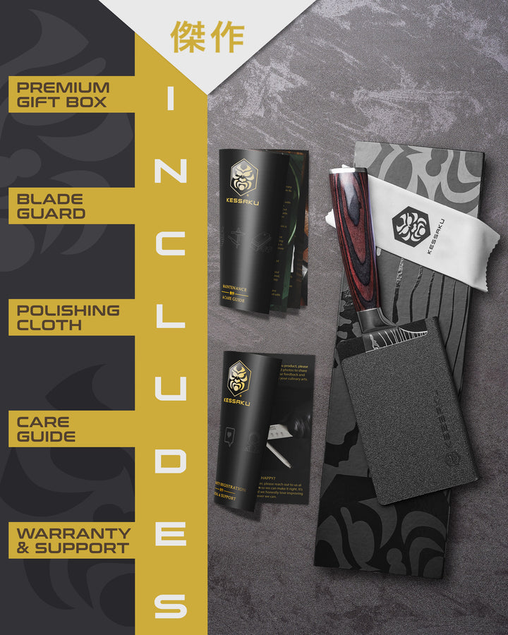 The Kessaku Samurai Mini Cleaver Knife comes in a premium gift box with a blade guard, polishing cloth, care guide, and warranty & support booklet