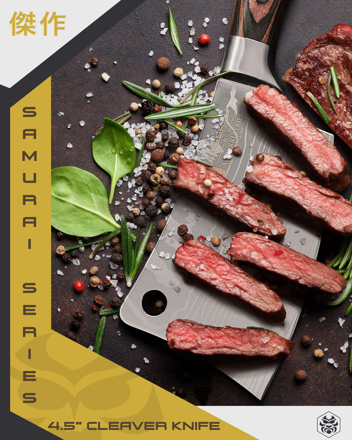 The Samurai Mini Cleaver with chopped chunks of steak surrounded by salt, pepper, basil, roasemary