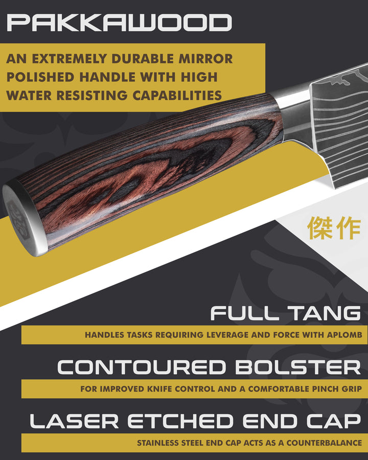 Kessaku Samurai Produce Knife handle features: Pakkawood handle, full tang, contoured bolster, laser etched end cap